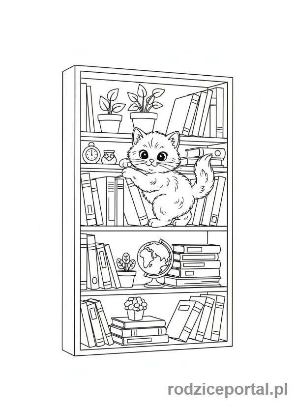 Kolorowanka Kotki - Kotek próbujący wspiąć się na regał