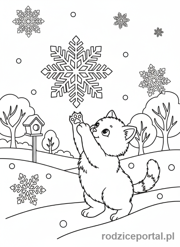 Kolorowanka Kotki - Kotek próbujący złapać płatek śniegu