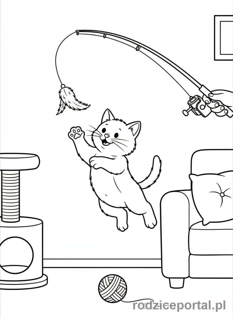 Kolorowanka Kotki - Kotek próbujący złapać wędkę