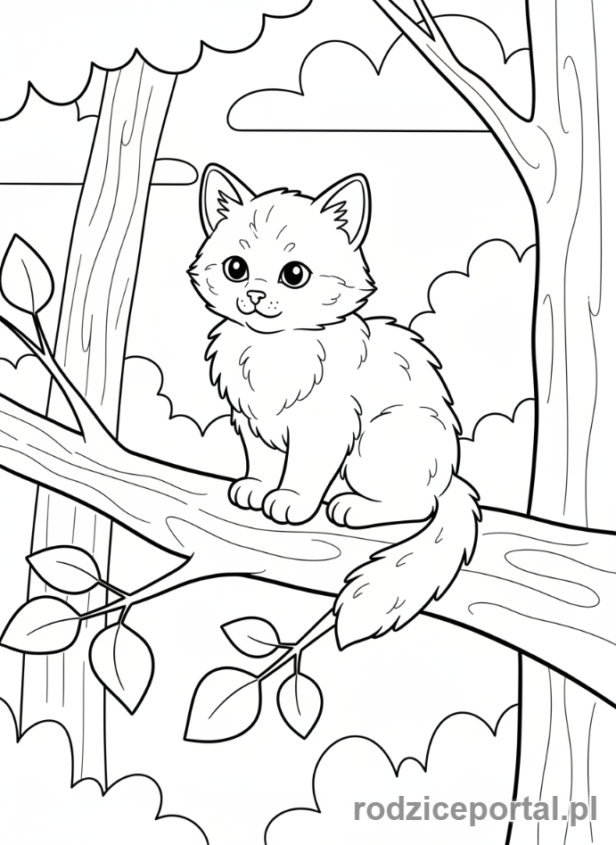 Kolorowanka Kotki - Kotek siedzący na gałęzi drzewa