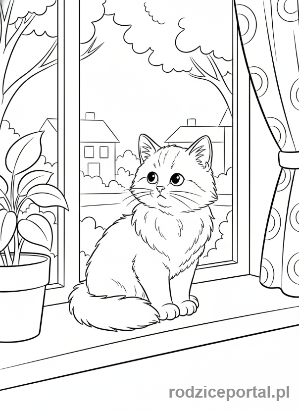 Kolorowanka Kotki - Kotek siedzący na parapecie okna