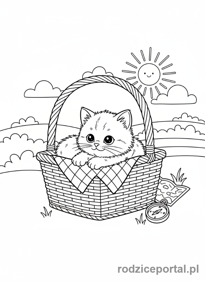 Kolorowanka Kotki - Kotek siedzący w koszyku piknikowym