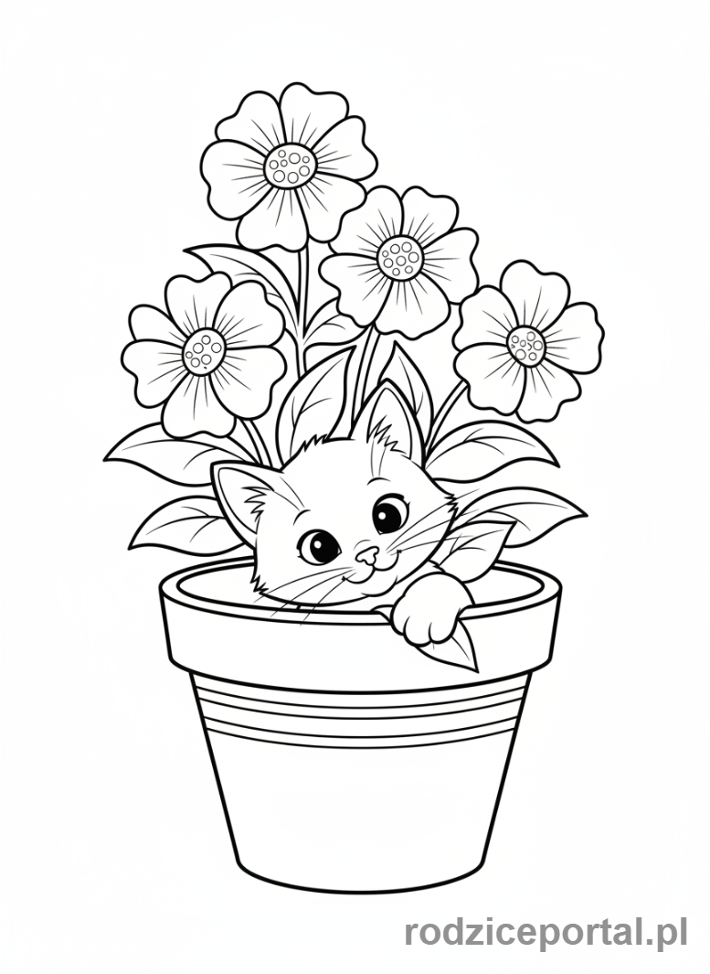 Kolorowanka Kotki - Kotek ukrywający się za doniczką