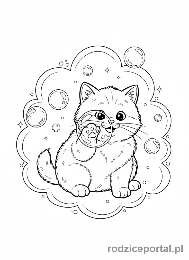 Kolorowanka Kotki - Kotek w bańkach mydlanych