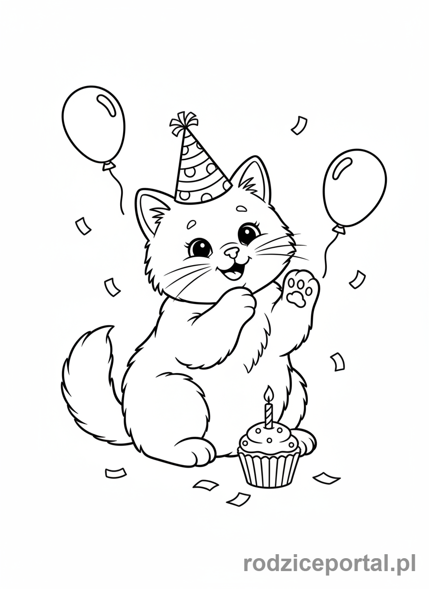Kolorowanka Kotki - Kotek w czapce urodzinowej