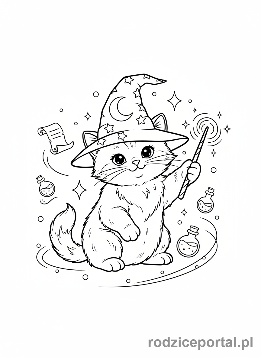Kolorowanka Kotki - Kotek w kapeluszu czarodzieja