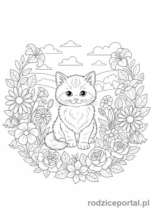 Kolorowanka Kotki - Kotek w otoczeniu kwiatów