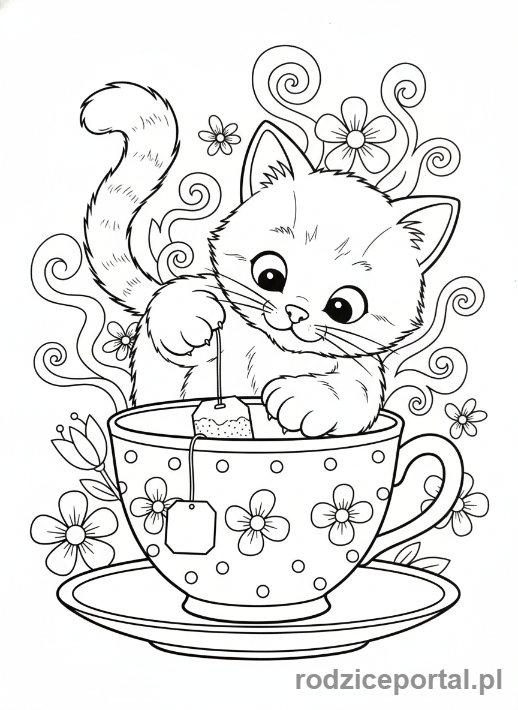 Kolorowanka Kotki - Kotek z filiżanką herbaty