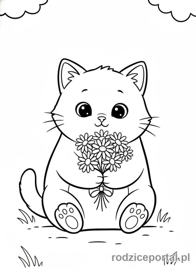 Kolorowanka Kotki - Kotek z małym bukietem stokrotek