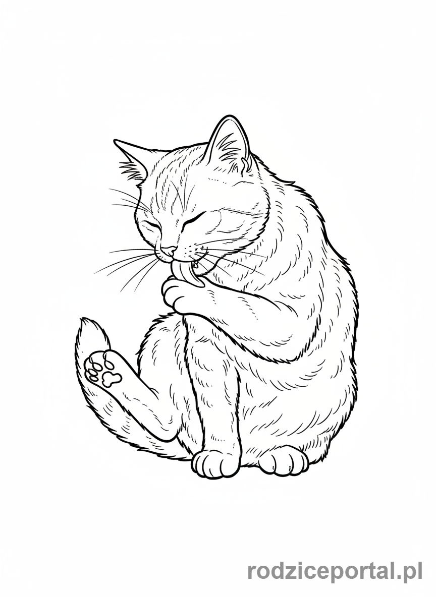 Kolorowanka Kotki - Kotka liżąca swoją łapkę podczas pielęgnacji