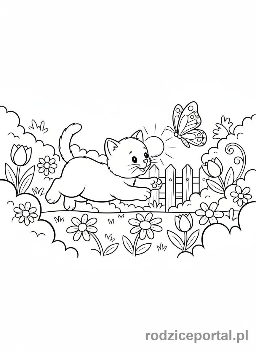 Kolorowanka Kotki - Mały kotek goniący motyla w ogrodzie