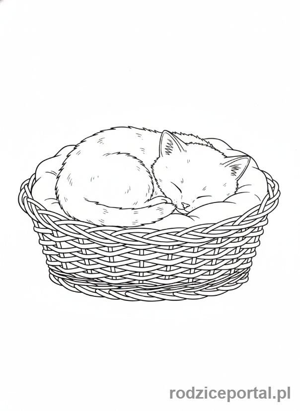 Kolorowanka Kotki - Śpiący kotek zwinięty w koszyku