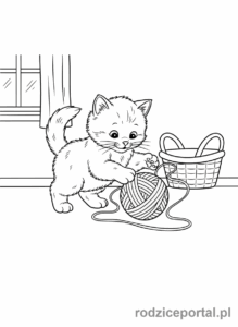 Kolorowanka Kotki - Uroczy kotek bawiący się kłębkiem wełny