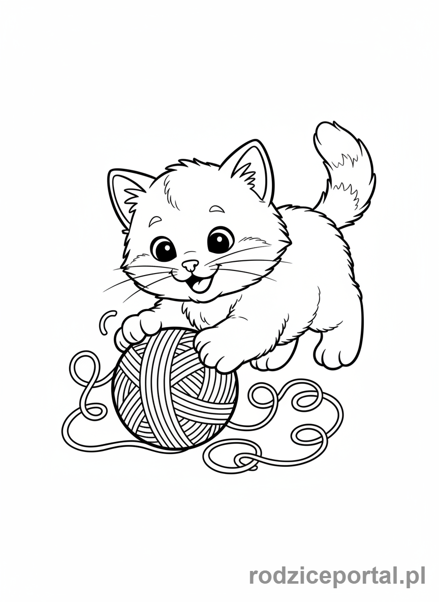 Kolorowanka Kotki - Uroczy kotek bawiący się kłębkiem włóczki