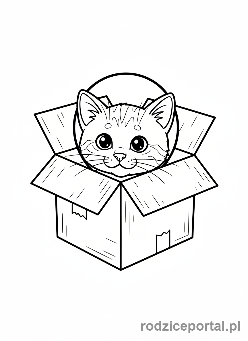 Kolorowanka Kotki - Zaciekawiony kotek chowający się w kartonowym pudełku