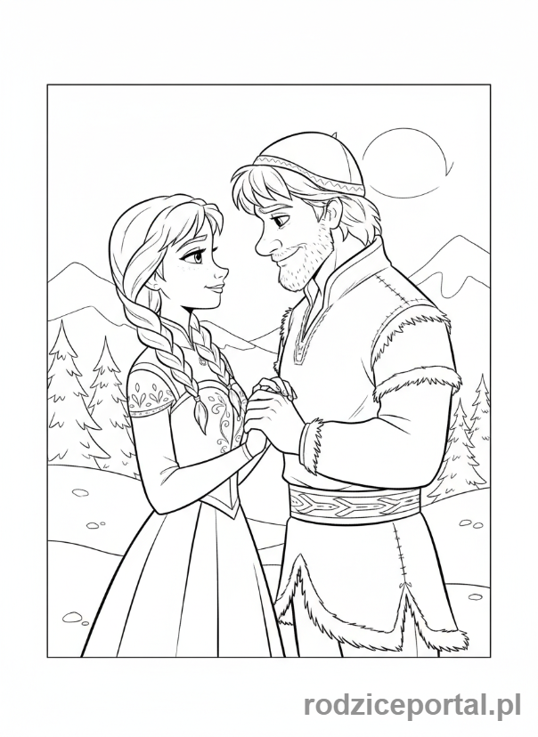 Kolorowanka Kraina Lodu - Anna i Kristoff patrzący na siebie z miłością.