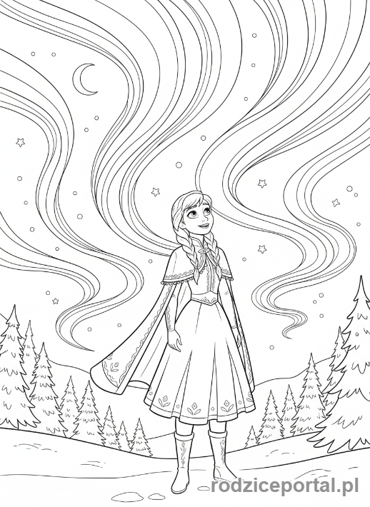 Kolorowanka Kraina Lodu - Anna patrząca na zorzę polarną