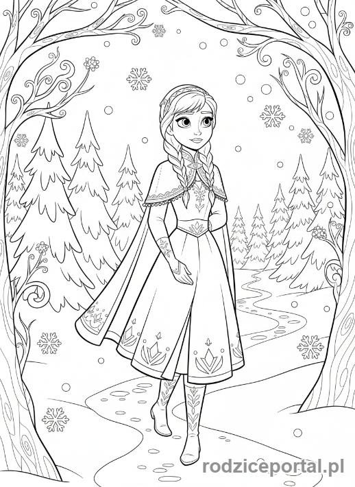 Kolorowanka Kraina Lodu - Anna wędrująca przez zimowy las.