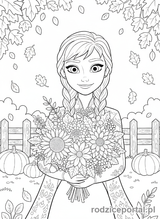 Kolorowanka Kraina Lodu - Anna z bukietem kwiatów