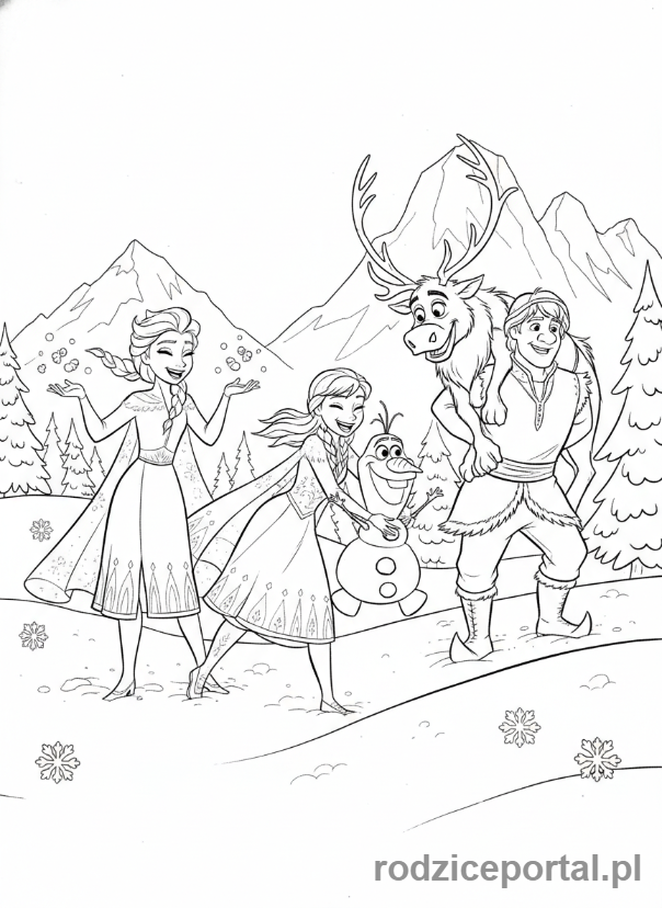 Kolorowanka Kraina Lodu - Drużyna bawiąca się w śniegu