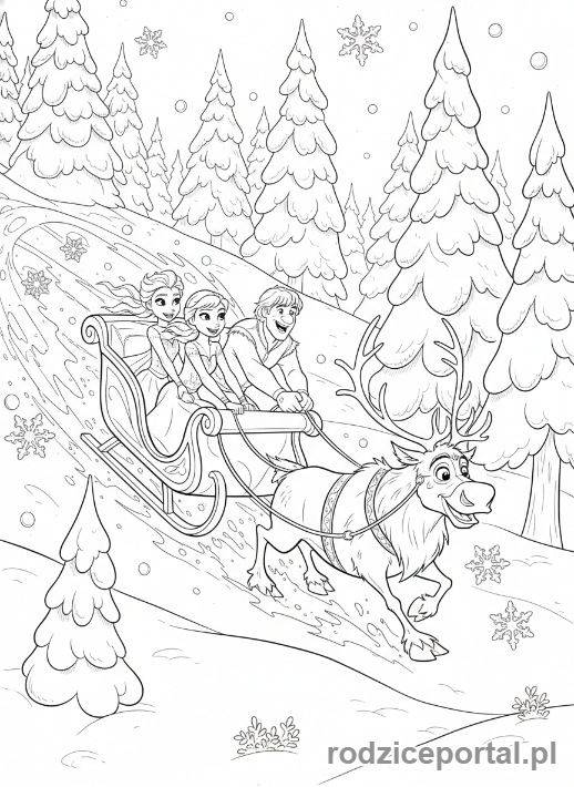 Kolorowanka Kraina Lodu - Drużyna na saniach przez las