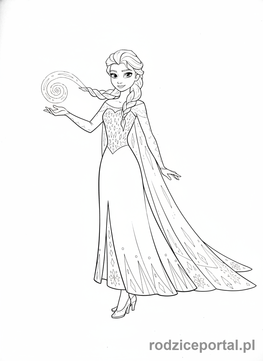 Kolorowanka Kraina Lodu - Elegancka Elsa w swojej lodowej sukni.