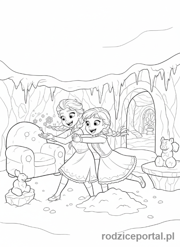 Kolorowanka Kraina Lodu - Elsa i Anna bawiące się jako dzieci