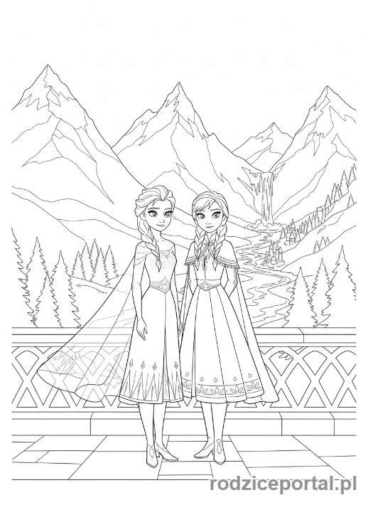 Kolorowanka Kraina Lodu - Elsa i Anna podziwiające widok