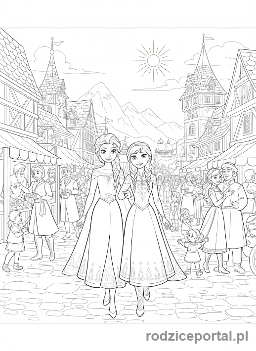 Kolorowanka Kraina Lodu - Elsa i Anna spacerujące po Arendelle