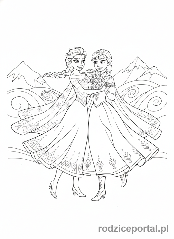 Kolorowanka Kraina Lodu - Elsa i Anna tańczące razem