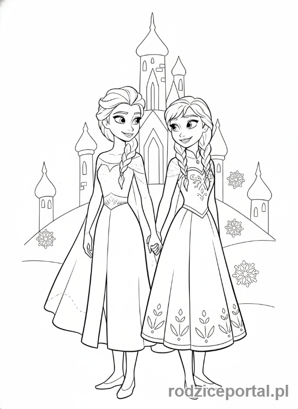Kolorowanka Kraina Lodu - Elsa i Anna trzymające się za ręce