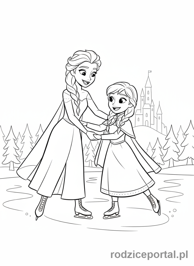 Kolorowanka Kraina Lodu - Elsa ucząca Annę jeździć na łyżwach