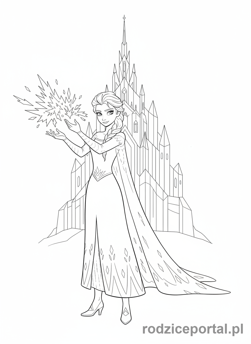 Kolorowanka Kraina Lodu - Elsa w majestatycznej pozie używająca magii lodu.
