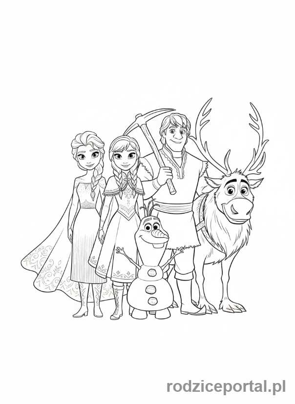 Kolorowanka Kraina Lodu - Główne postacie z Krainy Lodu razem.