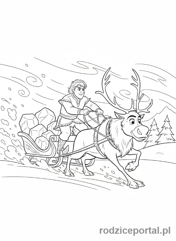 Kolorowanka Kraina Lodu - Kristoff i Sven na saniach