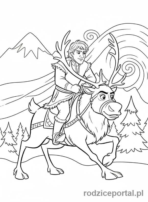 Kolorowanka Kraina Lodu - Kristoff i Sven pędzący na saniach.