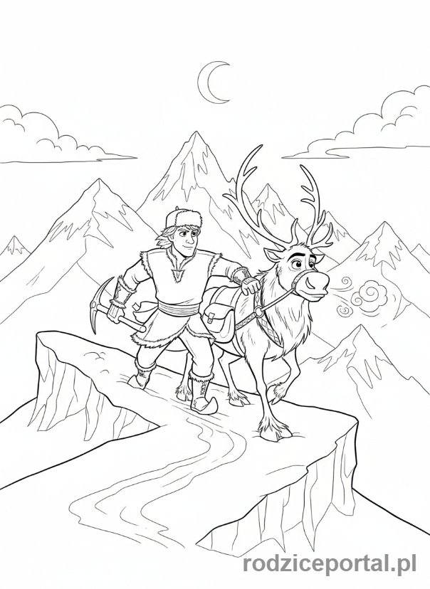 Kolorowanka Kraina Lodu - Kristoff i Sven w górach