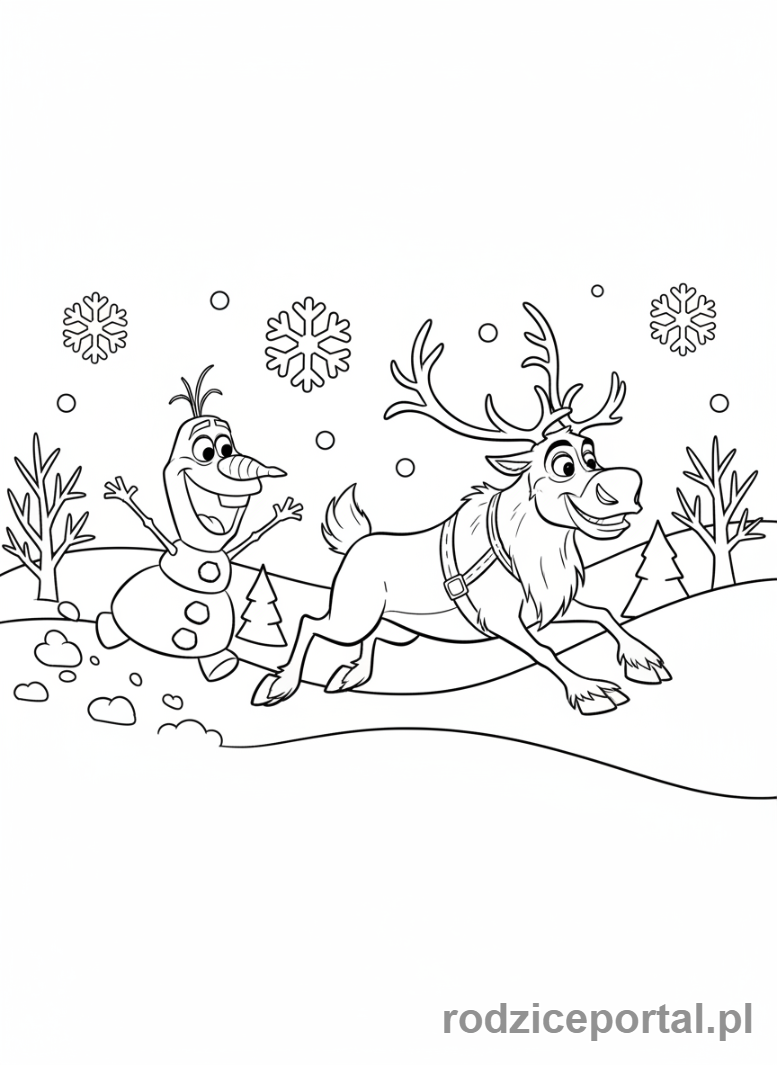 Kolorowanka Kraina Lodu - Olaf i Sven bawiący się razem na śniegu.