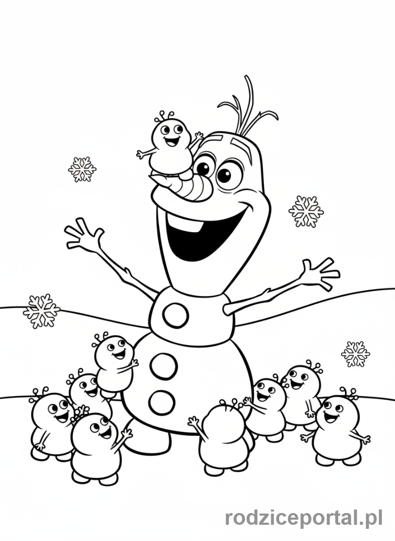 Kolorowanka Kraina Lodu - Olaf z małymi bałwankami