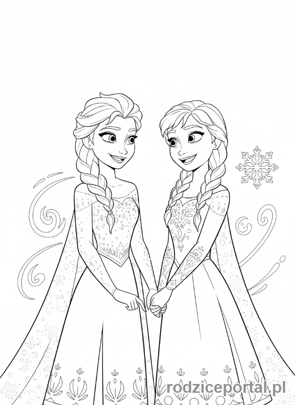 Kolorowanka Kraina Lodu - Siostry Elsa i Anna trzymające się za ręce.