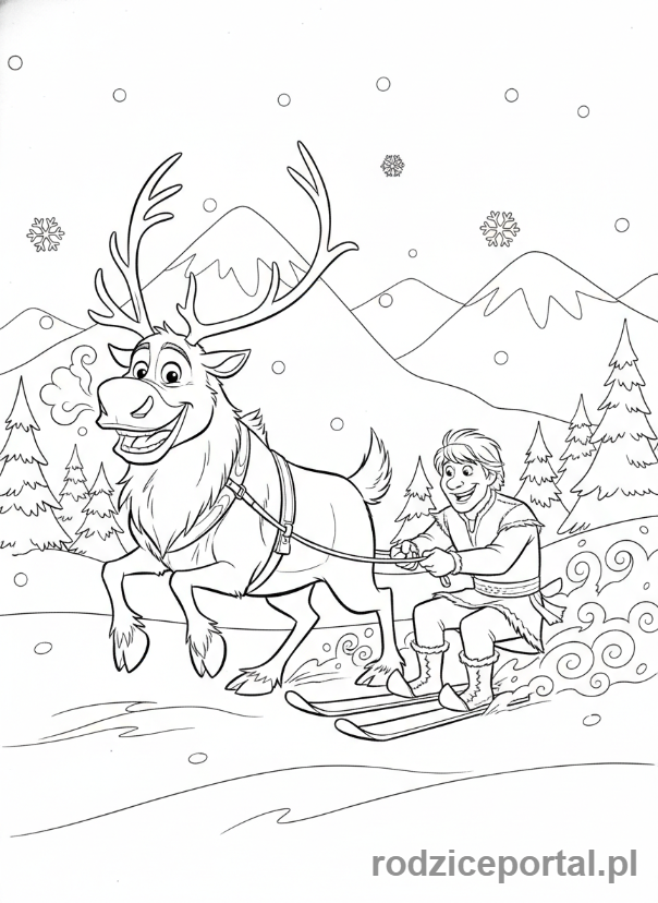 Kolorowanka Kraina Lodu - Sven ciągnący Kristoffa na nartach