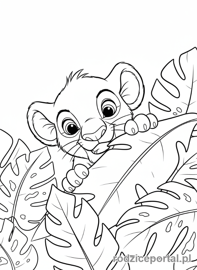 Kolorowanka Król Lew - Mały Simba ukrywający się w liściach
