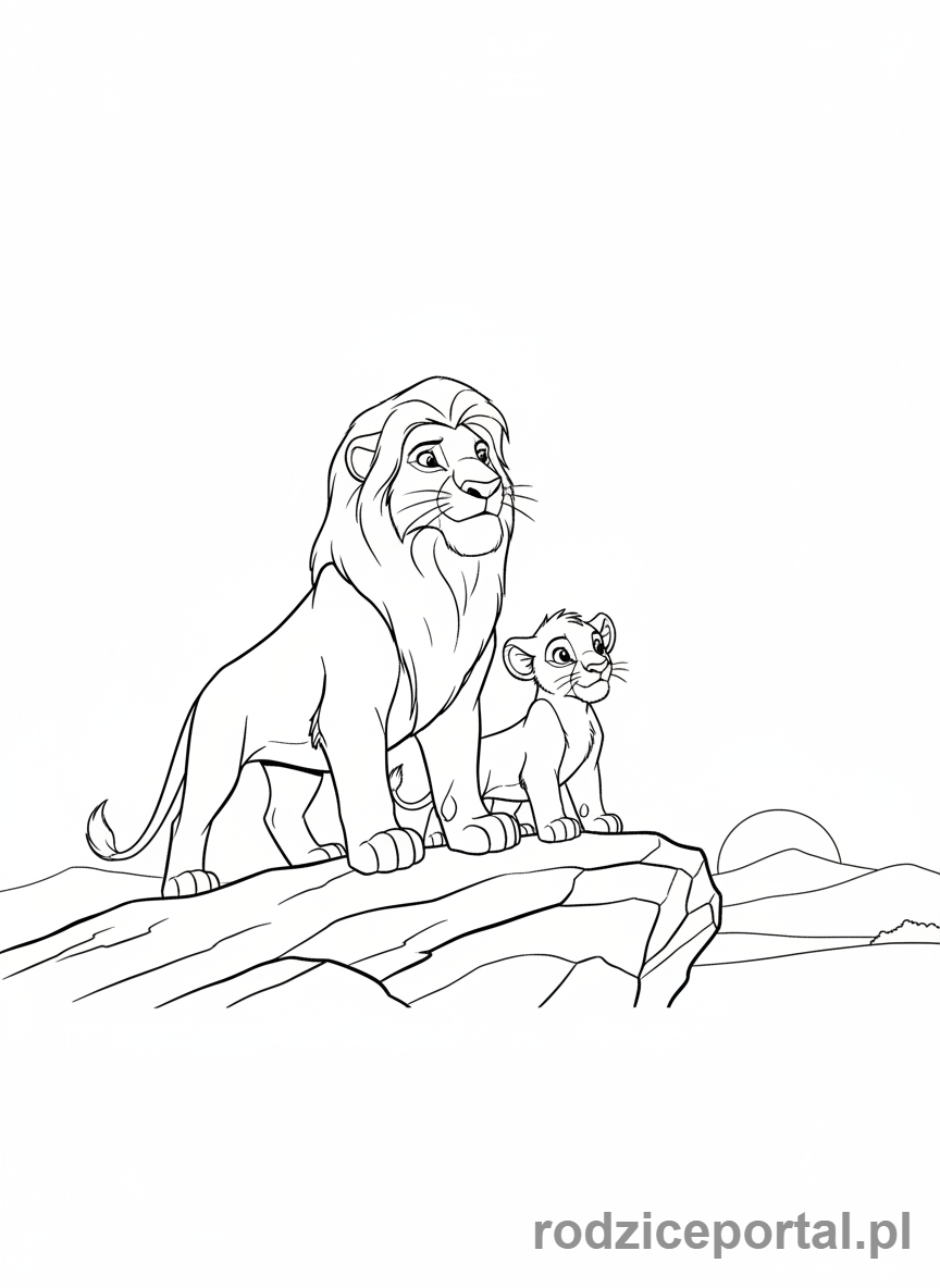 Kolorowanka Król Lew - Mufasa i mały Simba na Lwiej Skale