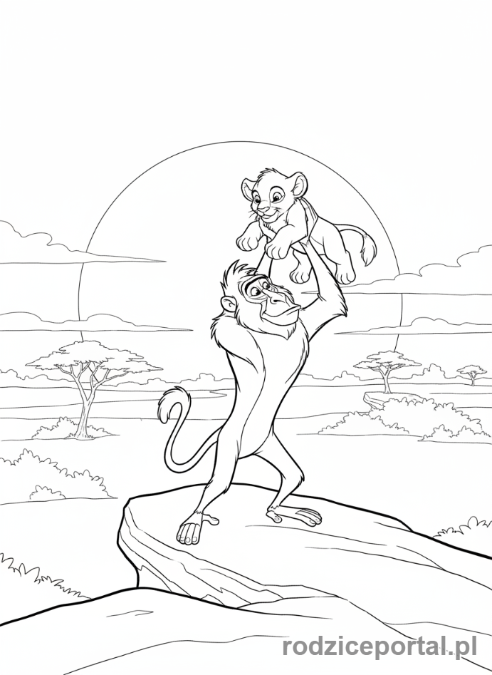 Kolorowanka Król Lew - Rafiki trzymający małego Simbę