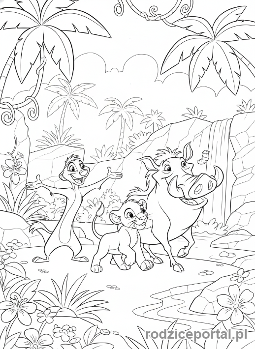 Kolorowanka Król Lew - Timon, Pumbaa i mały Simba idący