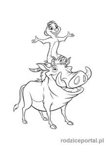 Kolorowanka Król Lew - Timon siedzący na głowie Pumby