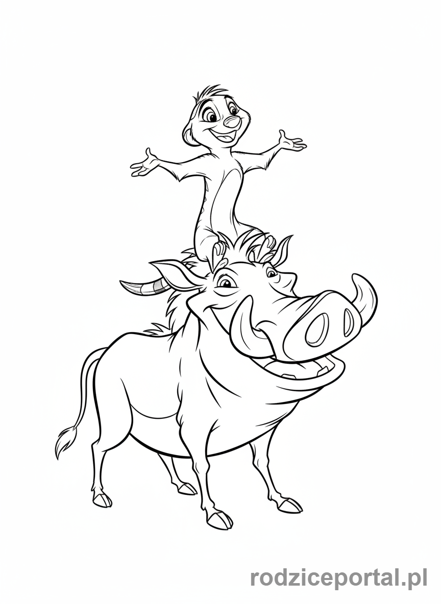 Kolorowanka Król Lew - Timon siedzący na głowie Pumby