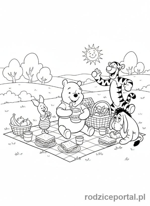 Kolorowanka Kubuś Puchatek - Grupa przyjaciół ze Stumilowego Lasu na pikniku
