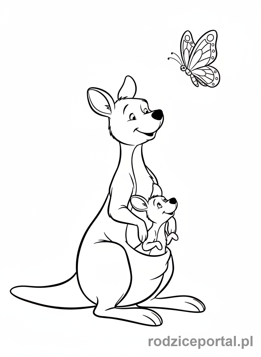 Kolorowanka Kubuś Puchatek - Kangurzyca i Maleństwo podziwiające motyla