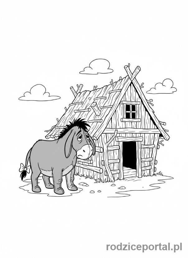 Kolorowanka Kubuś Puchatek - Kłapouchy obok swojego domu z patyków